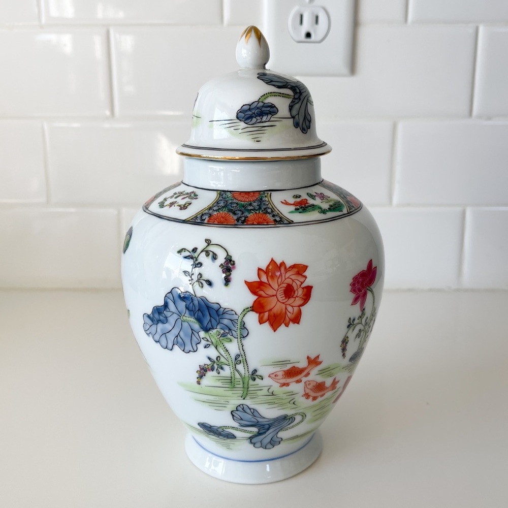 Vintage Ginger Jar W/Lid 8.5”H Orange & Blue Floral & Koi Fish Design Gold Trim